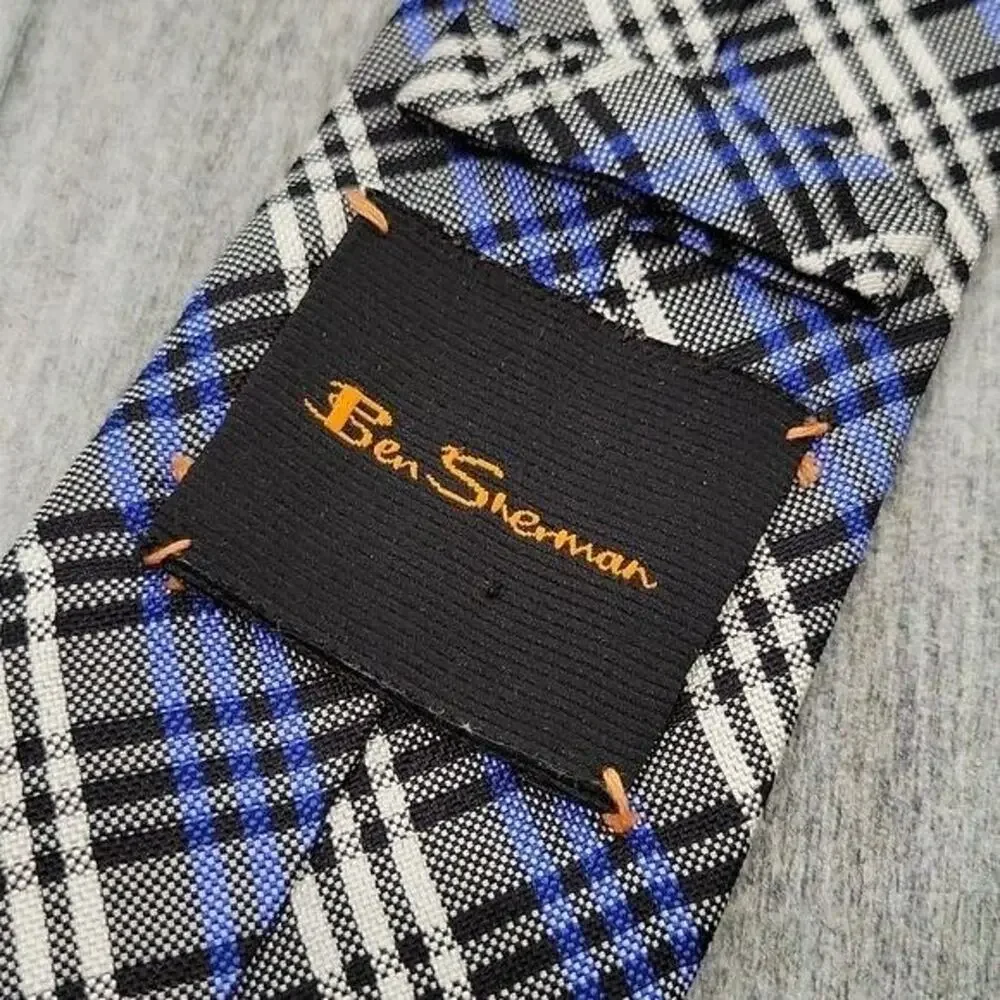 Ben Sherman Black, Blue & White Plaid 100% Silk Slim Necktie